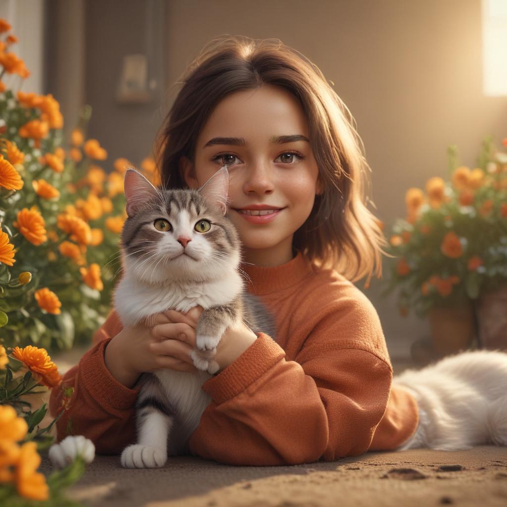 ((masterpiece)),(((best quality))), 8k, high detailed, ultra detailed, A girl with a cartoon cat stretching, warm colors, happy expression, fresh flowers hyperrealistic, full body, detailed clothing, highly detailed, cinematic lighting, stunningly beautiful, intricate, sharp focus, f/1. 8, 85mm, (centered image composition), (professionally color graded), ((bright soft diffused light)), volumetric fog, trending on instagram, trending on tumblr, HDR 4K, 8K