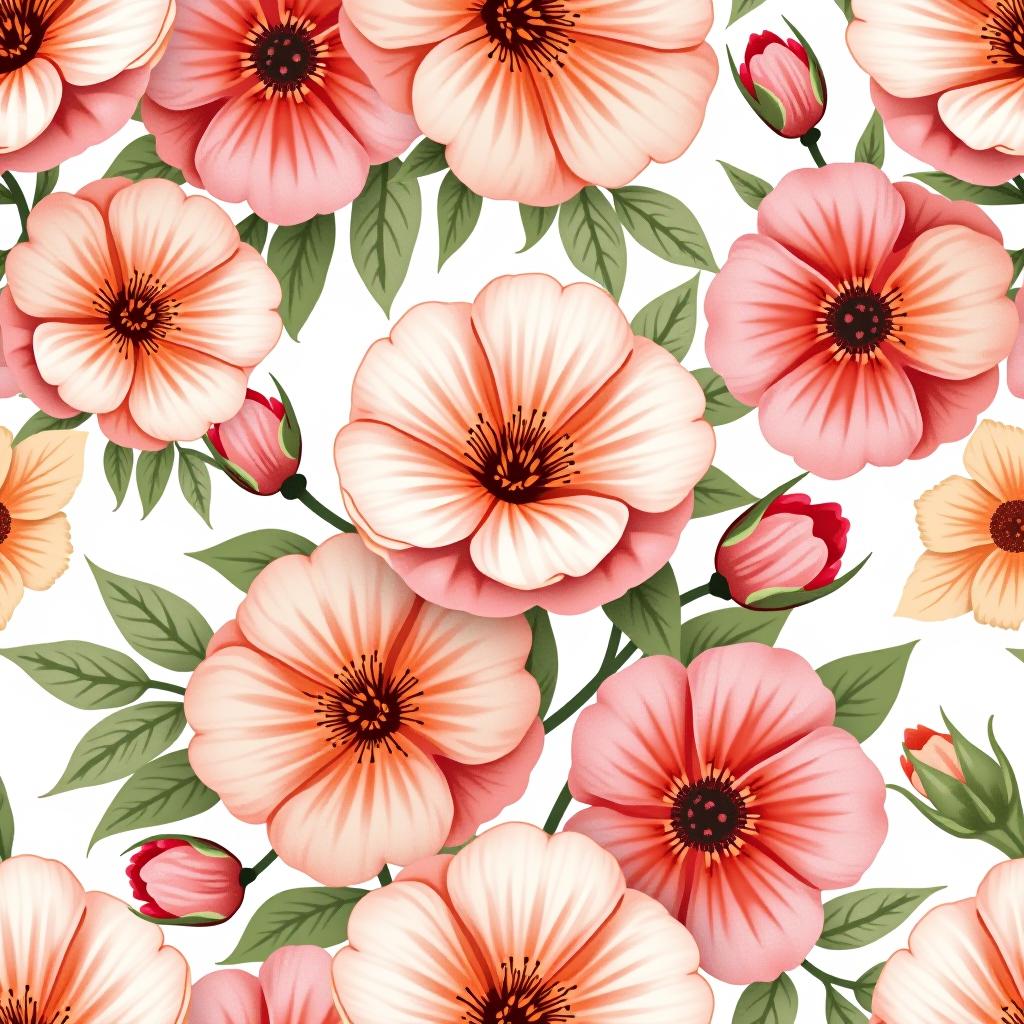  create a seamless digital design featuring a pattern of large, beautiful flowers with soft, watercolor like effects. the flowers should cover the entire surface, creating a bold, elegant, and continuous look. the overall style should be light and airy, with delicate leaves and petals to enhance the natural, floral theme. the design should be seamless to ensure it can be used in repeating patterns or wraps.