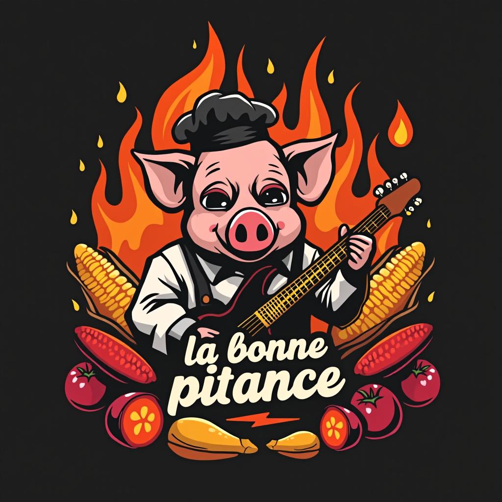  design a logo, in a abstract style. pig rocker flames cook bad boy kitchenware food sausage wine corn graphics tag , with the text 'la bonne pitance'.