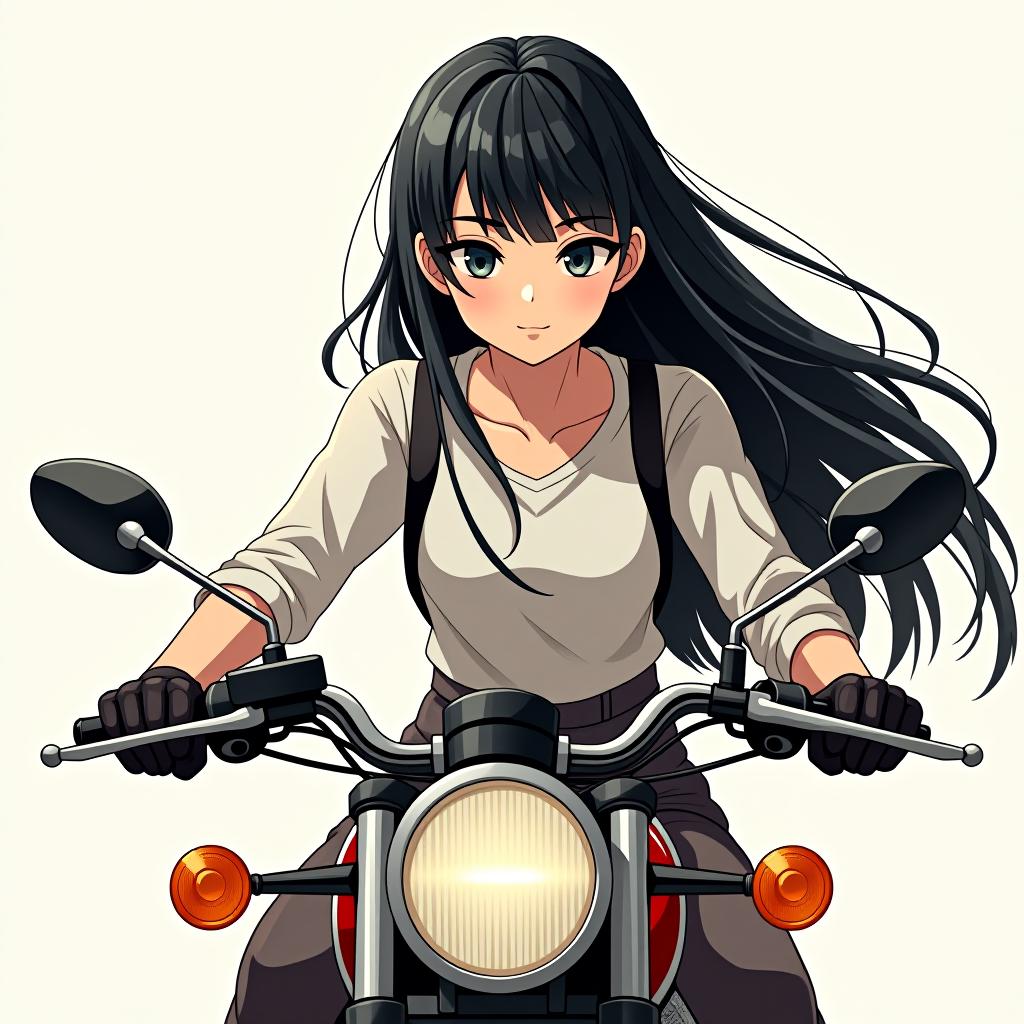  a girl with long black hair on a motorcycle.