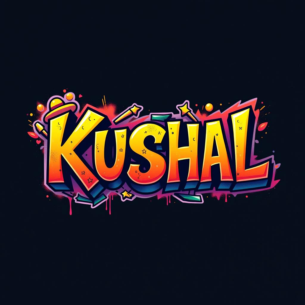  graffiti art style, design a logo using photoshop style effects. the logo should prominently feature the text 'kushal' in a bold, anime inspired font. incorporate elements and motifs from one piece, such as the straw hat pirate symbol or luffy’s hat, ensuring the design is unique and original. the color scheme should be vibrant and adventurous, reflecting the high seas excitement of the anime., dynamic, dramatic, vibrant colors, graffiti art style