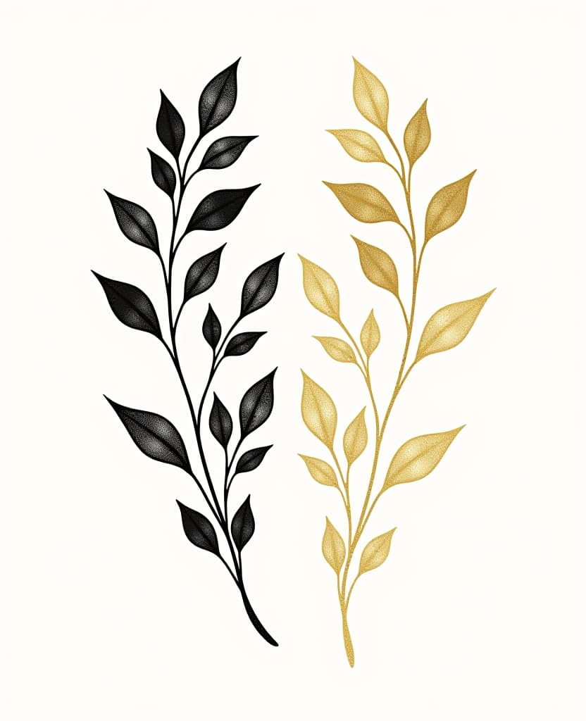  digital art. graphic. (two graceful branches: 1,4) with delicate thin leaves on white background. one branch is black. the second branch is gold:: glitter, sequins. skilfully executed with ink. intertwined with stylish elegant ornament in scandinavian style. harmonious vertical composition. vector art. hyper realistic, detailed texture of a plant. meticulousness. attention to detail, attention to detail. botanical perfection. vivid colours. luxurious art in the style of art nouveau and art deco. minimalism. in the manner of works by durer, william blake, leonardo da vinci, alphonse mucha. high quality, high detail.