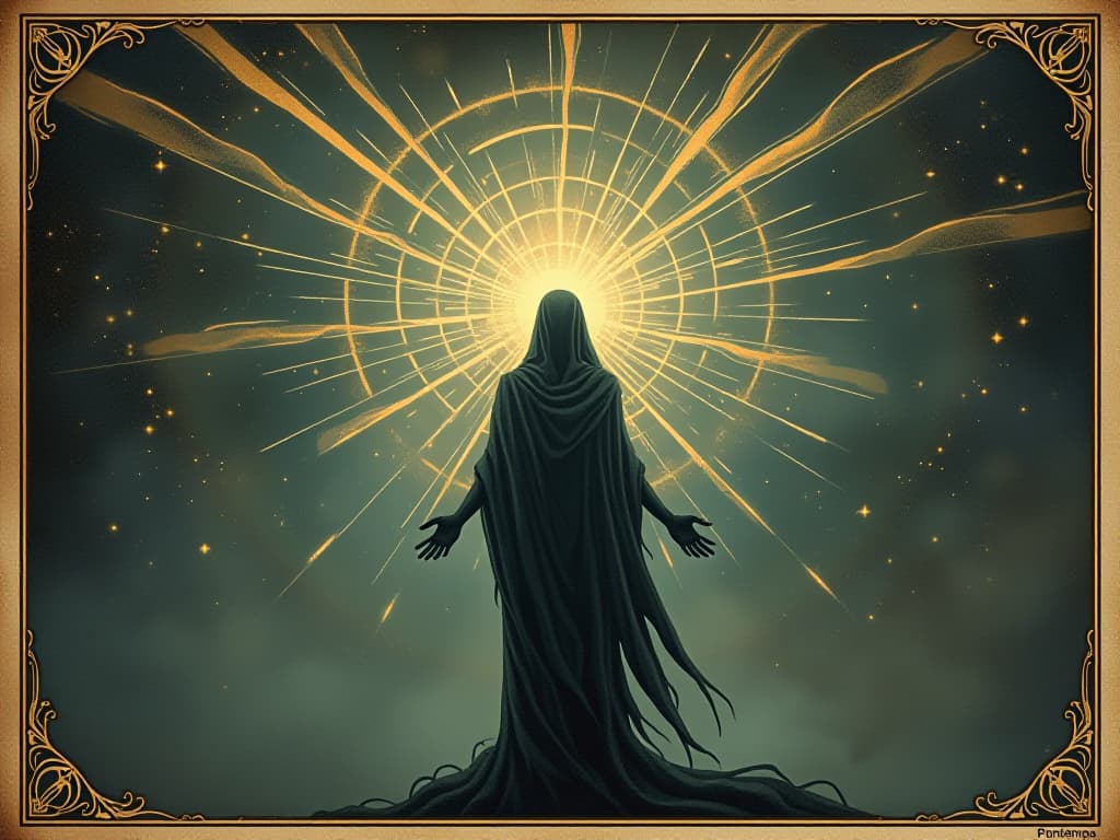  cosmic connection, figure enveloped in light, beams of energy connecting to the universe, harmonious, guiding. an illustration in the style of a worn, mystical old tarot trump card, mysterious and elements of surrealism. the colors are muted, somber and eerie, but with contrast bring out an occult and esoteric vibe.