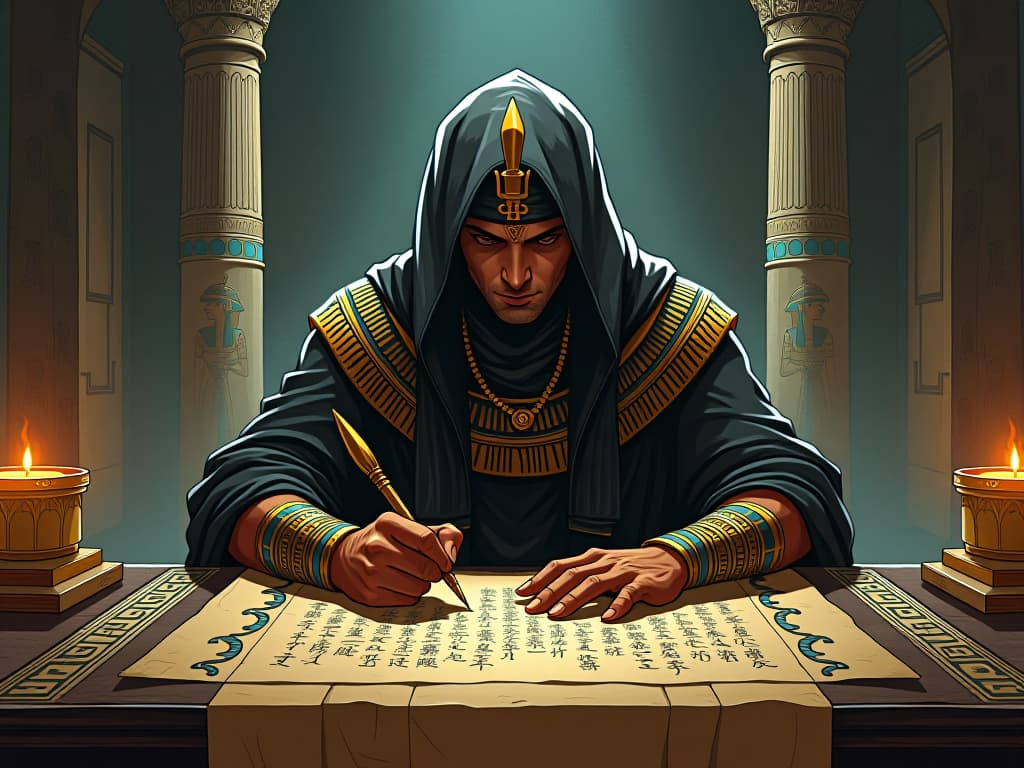  a mystical table with a scribe, writing on papyrus, questions of existence in hieroglyphs, seeking greater purpose. the style is digital art illustration / modern comic book / mysterious occult, symbolic, esoteric vibe,high detail on character design, incorporating ancient egyptian symbology and attire.