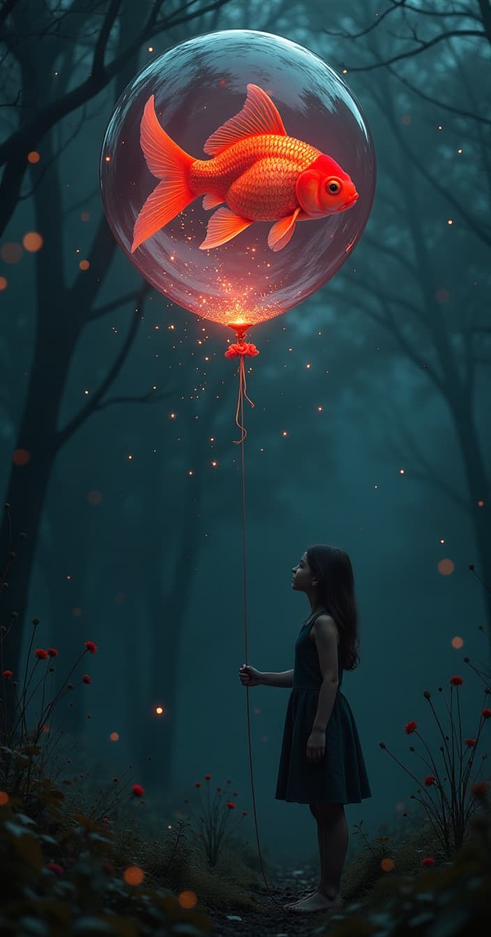  horror themed goldfish floating in a balloon, x ray graphics, multidimensionality, science fiction, girl holding a balloon by a string, inspired by vadim kashin, fantasy, beautiful art uhd 4k, fireflies dustballs, enchanted dreams, instagram, goldfish, imagination ar 9:16 . eerie, unsettling, dark, spooky, suspenseful, grim, highly detailed