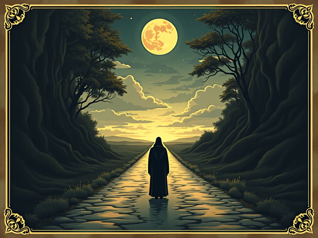  a figure standing at a forked path, one road lit softly leading to an unknown horizon, another dark and tangled, figure illuminated, sense of choice, decisive, fateful. an illustration in the style of a worn, mystical old tarot trump card, mysterious and elements of surrealism. the colors are muted, somber and eerie, but with contrast bring out an occult and esoteric vibe.