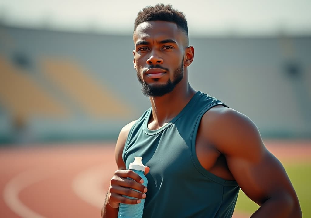  image of focused muscular ethnic male athlete in sportswear looking at camera while taking a break from running practice with a water bottle at stadium