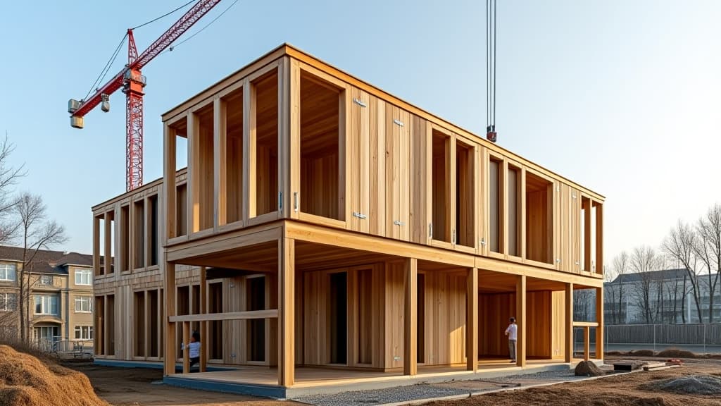  a wooden building module is raised by a crane and placed into the framework. berlin office building under construction. modular wood construction will be used to build the new building.