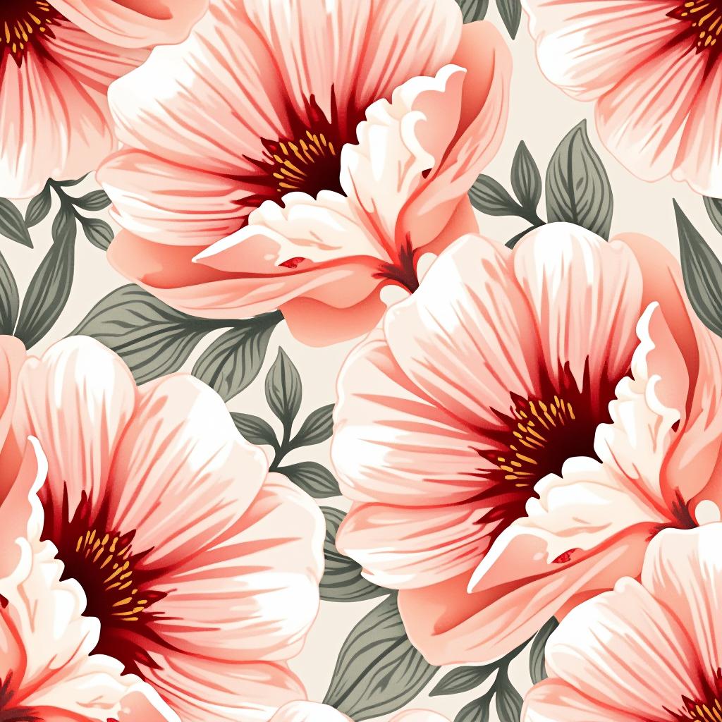  create a seamless digital design featuring a pattern of large, beautiful flowers with soft, watercolor like effects. the flowers should cover the entire surface, creating a bold, elegant, and continuous look. the overall style should be light and airy, with delicate leaves and petals to enhance the natural, floral theme. the design should be seamless to ensure it can be used in repeating patterns or wraps.