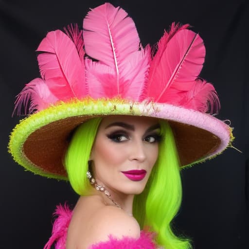 Drag queen flamingo hat Kentucky derby feathers cowboy chartreuse pink flamenco dancer magician