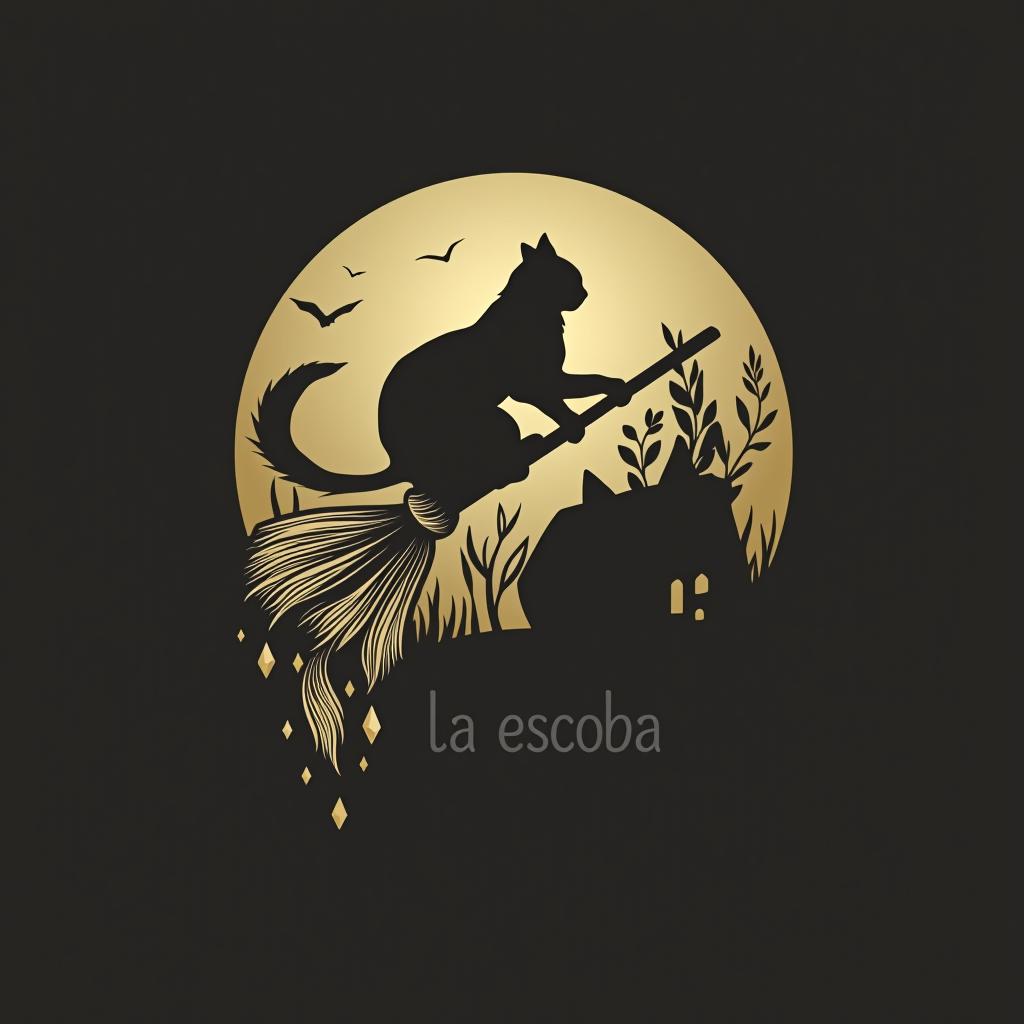  design a logo, in a minimalism style. witchy, moon, black cat silhouette riding on a broom, dried herbs hanging off broom, cottage core aesthetic, crystals,spells, with the text 'la escoba'.