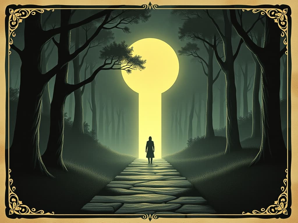  guiding light, luminous pathways, guardian figures subtly visible within the light, serene forest or mystical landscape backdrop, protective presence, guiding. an illustration in the style of a worn, mystical old tarot trump card, mysterious and elements of surrealism. the colors are muted, somber and eerie, but with contrast bring out an occult and esoteric vibe.