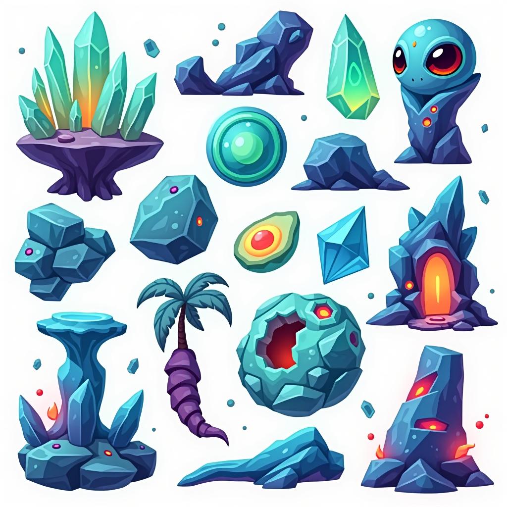  white background. a collection of assets and materials derived from a hyper realistic alien planet, featuring bioluminescent crystals, glowing organic matter, and fragments of unique architectural structures. each asset should reflect the same fantasy elements as the planet, with floating pieces, glowing edges, and a consistent color palette. include items like glowing rocks, mysterious plant life, and fragments of the planet's structures, all in a cartoon and disney style.