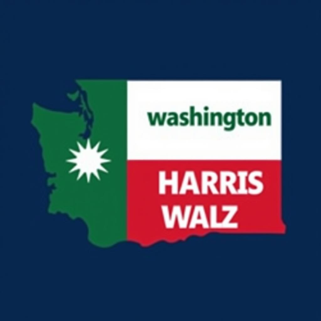  a design inspired by the washington state flag. the left side features a green vertical stripe with mt. rainer in the center. the right side is divided into two horizontal sections: the top section is white with the text 'washington for' in bold, green, uppercase letters, and the bottom section is red with the text 'harris walz' in bold, white, uppercase letters. the overall layout is clean and straightforward, with a clear and patriotic color scheme of blue, white, and red.