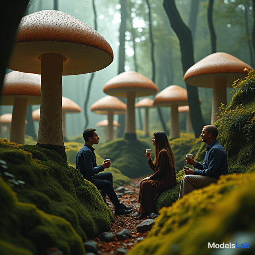  a mystical forest filled with giant mushrooms and a group of people gathered around sipping on cups of mushroom coffee, feeling rejuvenated and energized. hyperrealistic, full body, detailed clothing, highly detailed, cinematic lighting, stunningly beautiful, intricate, sharp focus, f/1. 8, 85mm, (centered image composition), (professionally color graded), ((bright soft diffused light)), volumetric fog, trending on instagram, trending on tumblr, HDR 4K, 8K