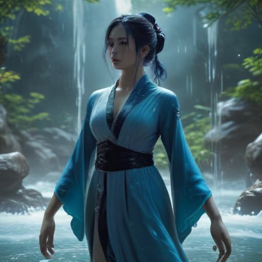 In a tranquil underwater garden, a mesmerizing figure emerges from the depths. Furina, the Genshin Solitude Actress, stands gracefully with a serene expression. Her flowing water-blue gown shimmers in the ambient light, surrounded by three majestic Genshin monsters. As she raises her hand, a powerful aura radiates around her, shielding her from all opposing forces. The air is filled with the sound of rushing water as she prepares to unleash her devastating powers upon her foes. fantastical creatures or characters inspired by mythology, folklore, or popular culture. use vibrant colors, sharp lines, intricate details, dynamic poses, dramatic lighting, atmospheric backgrounds, and blend anime, manga, and Western comic influences.