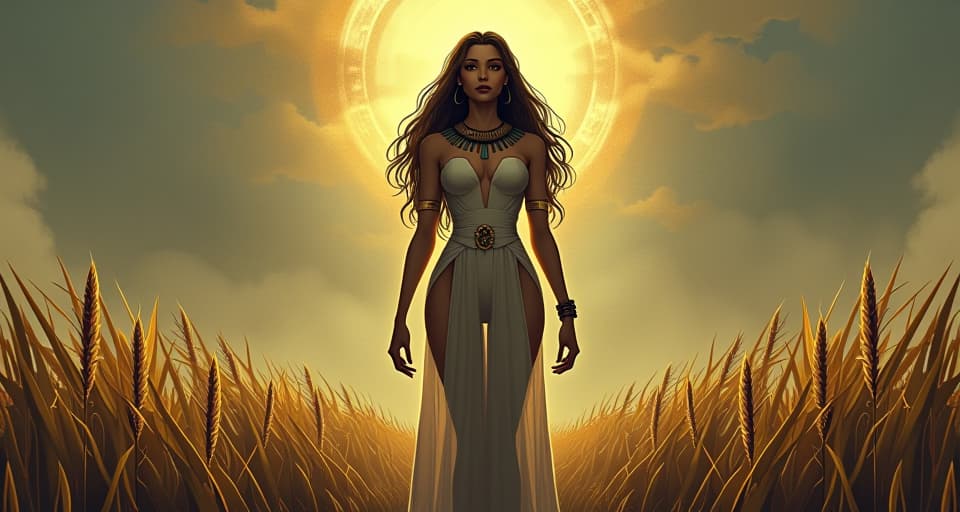  subtle presence, large busted goddess in form fitting, transparent dress, standing in a field of reeds, immense power in her aura. the style is digital art illustration / modern comic book / mysterious occult, symbolic, esoteric vibe,high detail on character design, incorporating ancient egyptian symbology and attire.