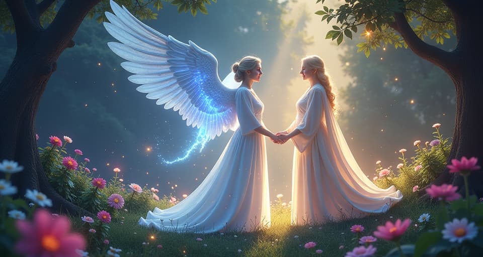  an ethereal angel standing side by side with luminescent ancestors, and enlightened masters, in a magical, celestial garden. bright, flowing attire and glowing symbols surround them.. the style is digital art illustration,highly detailed, whimsical,magical, dreamlike atmosphere, realism and fantasy blend, smooth, glossy textures,luminous quality, wonder and enchantment.