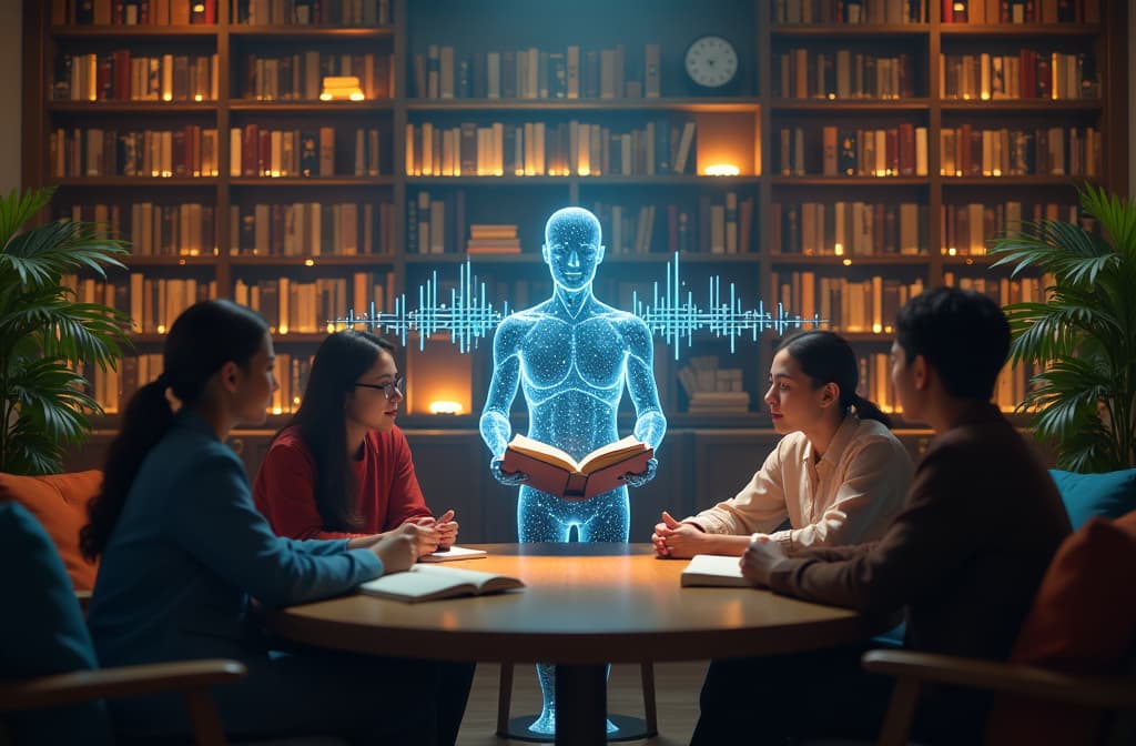  "create a serene, futuristic library setting filled with glowing books and high tech audio devices. in the center, a holographic figure with a gentle expression narrates a story to a diverse group of people gathered around. the atmosphere is warm and inviting, with soft, ambient lighting and abstract sound waves visually emanating from the narrator, symbolizing the power of ai in storytelling. include elements of nature, like plants and soft cushions, to enhance the cozy vibe." hyperrealistic, full body, detailed clothing, highly detailed, cinematic lighting, stunningly beautiful, intricate, sharp focus, f/1. 8, 85mm, (centered image composition), (professionally color graded), ((bright soft diffused light)), volumetric fog, trending on instagram, trending on tumblr, HDR 4K, 8K