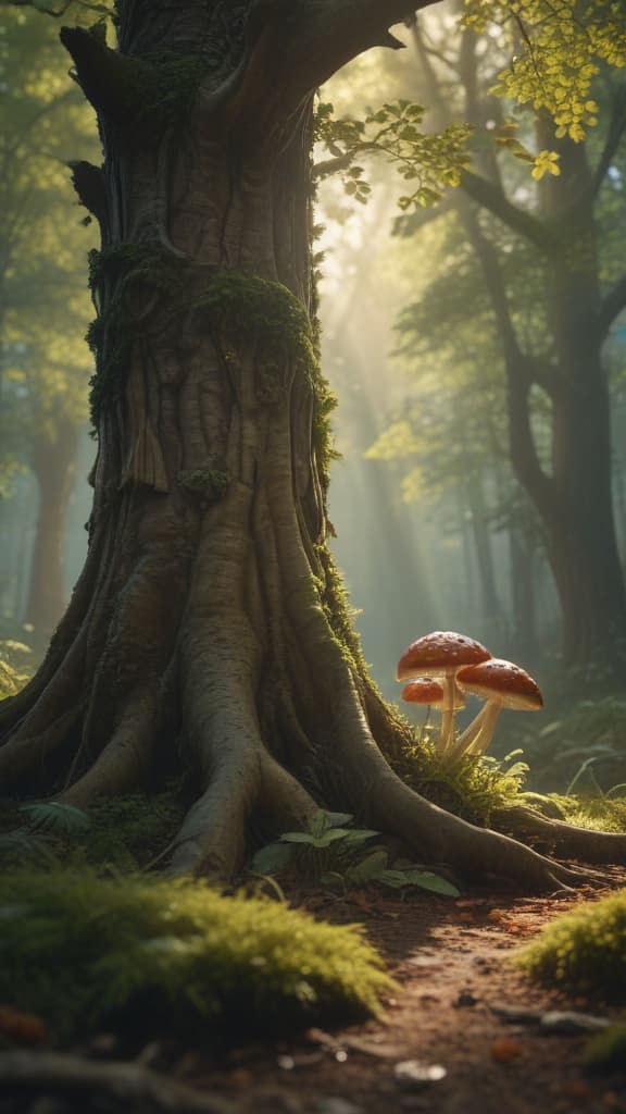 ((masterpiece)),(((best quality))), 8k, high detailed, ultra detailed, a magical forest scene, glowing mushrooms, fairies, (enormous ancient tree), (sunlight filtering through leaves) hyperrealistic, full body, detailed clothing, highly detailed, cinematic lighting, stunningly beautiful, intricate, sharp focus, f/1. 8, 85mm, (centered image composition), (professionally color graded), ((bright soft diffused light)), volumetric fog, trending on instagram, trending on tumblr, HDR 4K, 8K