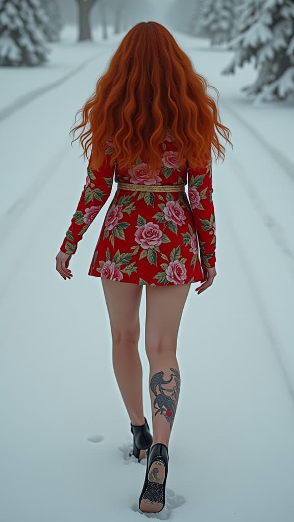  hyperrealistic art { ((( ginger woman 4 old (((chubby))), russian ginger dynamic hair ))), ((((mini dress)))) , (((colored long nails))), tattooed legs , (( blushes)), ((( black high heels))), ((( ))), (((fat legs))), (( )), (((( dynamic legs position legs on snow park)))), ((( dynamic position))), ((vision from above)), (((ultra detailed legs))), ((( ultra detailed feet))), (((ultra detailed ))) } . upscaled , 8k, extremely high resolution details, photographic, (((realism pushed to extreme))) , fine texture, incredibly lifelike, <lora:more details:1>