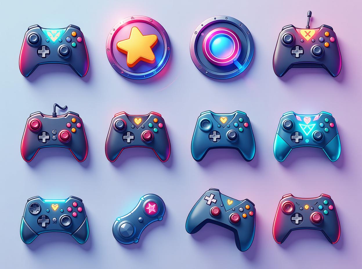  create a set of colorful, modern icons representing various gaming features. the icons should include: 1) a joystick or puzzle piece for 'wide game selection', high quality, high details, hd, perfect composition, 4k epic detailed, highly detailed, sharp focus, high resolution