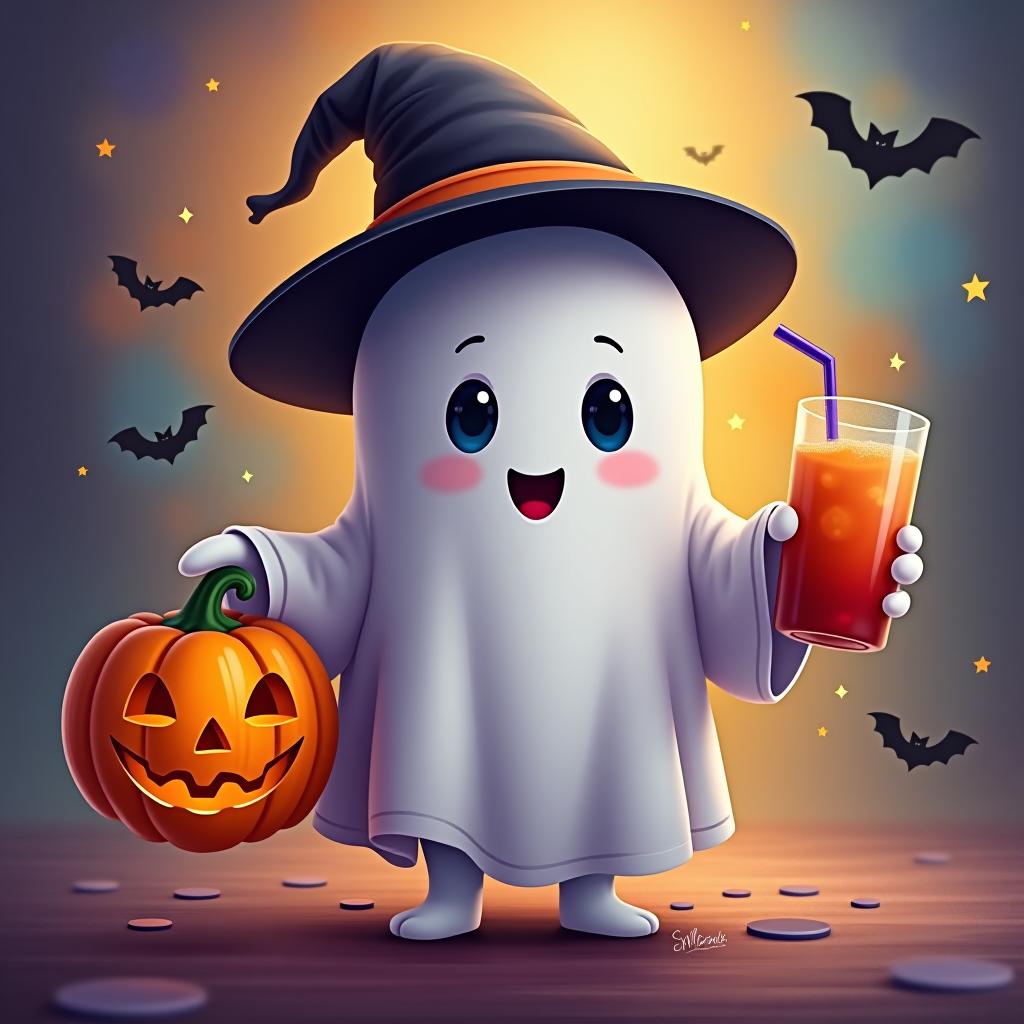  create a digital painting featuring a cute ghost character. the ghost should be wearing a hat. in one hand, the ghost should hold a pumpkin with a carved face, and in the other hand, a halloween themed drink. the background should be colorfull and include small black bats and stars to add a playful halloween touch. the overall style should be cute, whimsical, and colorful hyperrealistic, full body, detailed clothing, highly detailed, cinematic lighting, stunningly beautiful, intricate, sharp focus, f/1. 8, 85mm, (centered image composition), (professionally color graded), ((bright soft diffused light)), volumetric fog, trending on instagram, trending on tumblr, HDR 4K, 8K