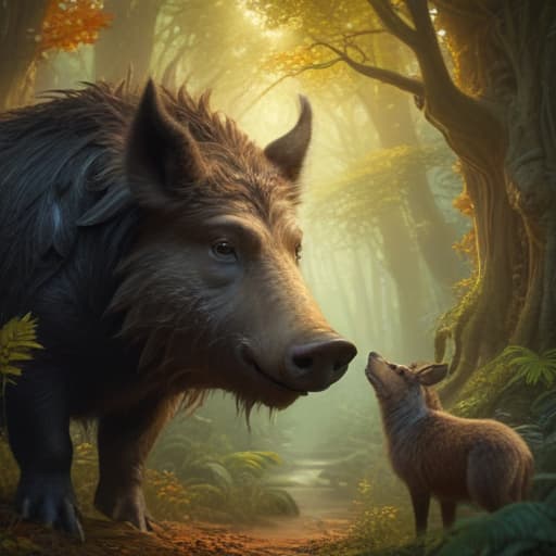 In a lush, enchanted forest, a wise and ancient boar known as Old Major stands tall, surrounded by a group of diverse woodland creatures listening intently to his words. The sunlight filters through the dense canopy, casting a warm glow on the scene. Old Major's eyes radiate with knowledge and power, as he imparts his wisdom to his attentive audience. The earth beneath them vibrates with energy, symbolizing the deep connection they share with nature. The intricate details of the animals' fur and feathers, as well as the vibrant colors of the foliage, bring this mystical moment to life. fantastical creatures or characters inspired by mythology, folklore, or popular culture. use vibrant colors, sharp lines, intricate details, dynamic poses, d