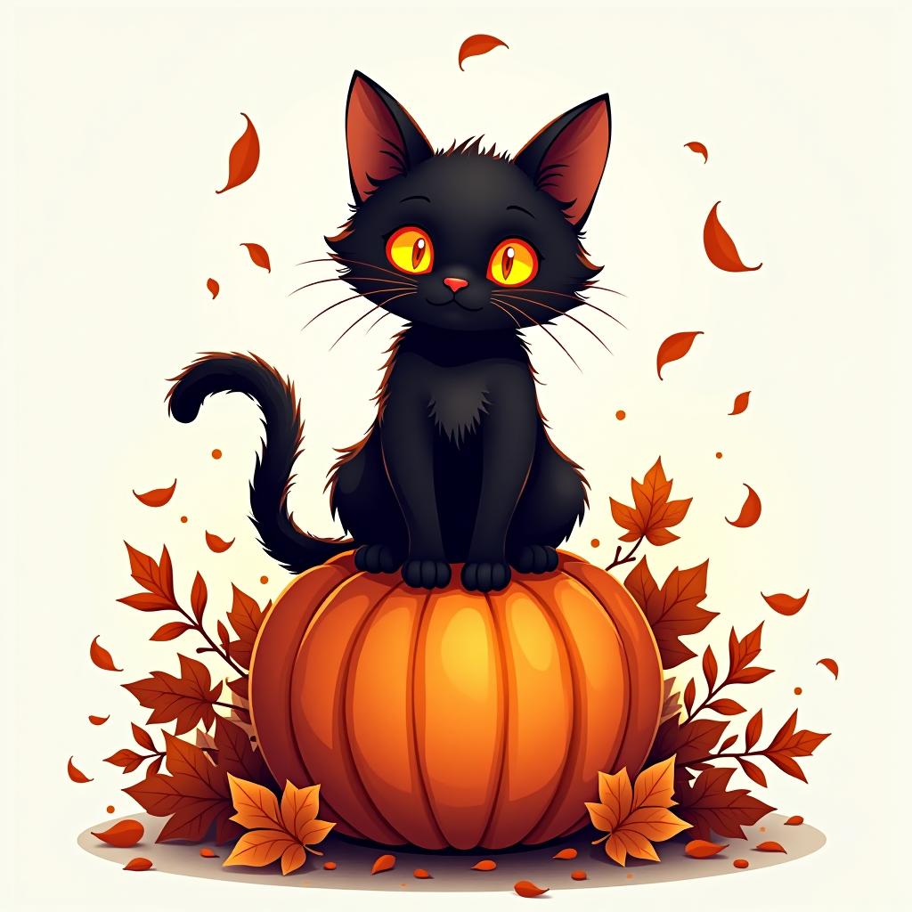  a cute black cat with glowing eyes sitting on a pumpkin, surrounded by swirling autumn leaves in a whimsical style, with warm, moody lighting. t shirt design, vector, contour, white background, no mockup hyperrealistic, full body, detailed clothing, highly detailed, cinematic lighting, stunningly beautiful, intricate, sharp focus, f/1. 8, 85mm, (centered image composition), (professionally color graded), ((bright soft diffused light)), volumetric fog, trending on instagram, trending on tumblr, HDR 4K, 8K