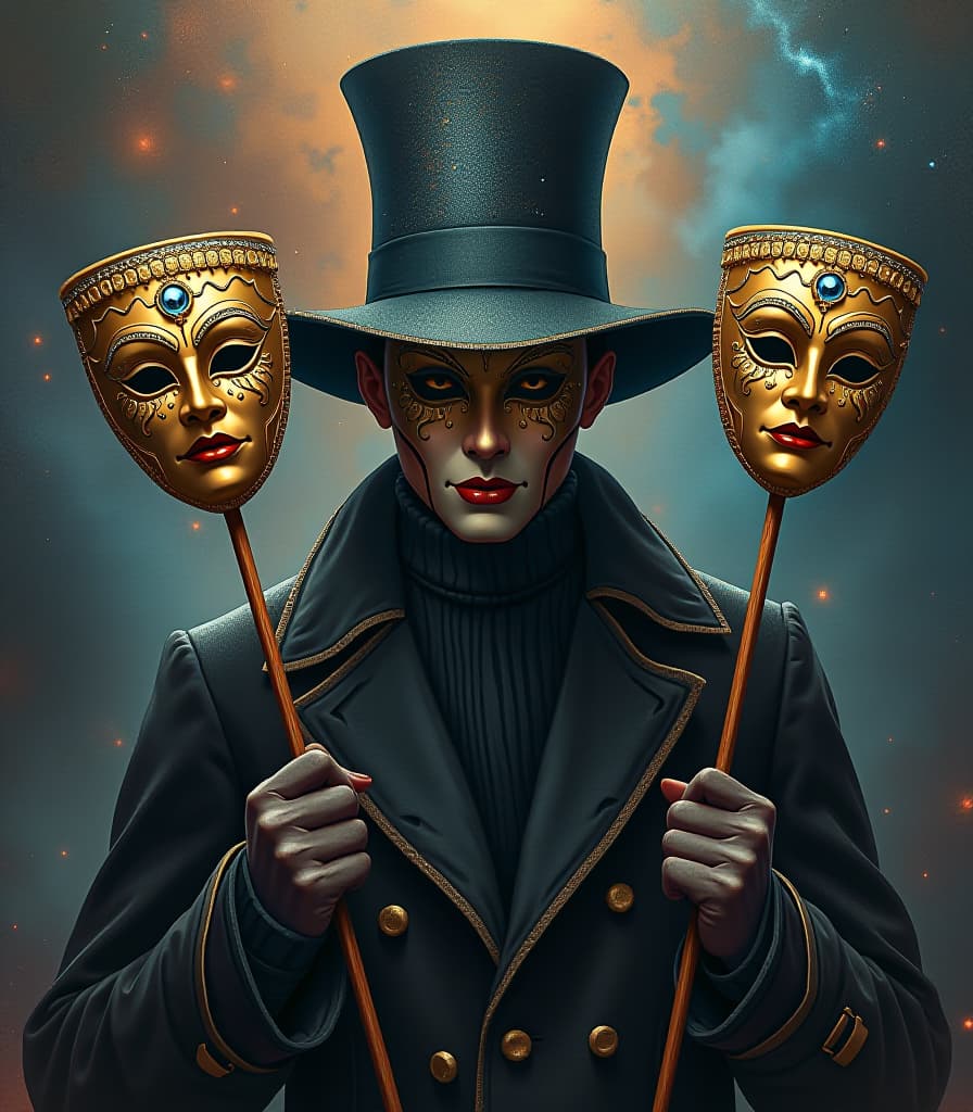  luxury product style an intriguing and mysterious illustration inspired by the beautiful encrusted carnival vip masks, a masterpiece against the backdrop of an endless universe. a mysterious attractive stranger in a (smiling mask:1.4) holds in each hand a mask on a stick, which depict different emotions, different facial expressions (sadness, rage, surprise, anger, glee). an image with a bright emotional coloring. realistic painting style with a touch of surrealism by salvador dali, bright colors and intricate details, concept art for a fantasy novel or game. . elegant, sophisticated, high end, luxurious, professional, highly detailed hyperrealistic, full body, detailed clothing, highly detailed, cinematic lighting, stunningly beautiful, intricate, sharp focus, f/1. 8, 85mm, (centered image composition), (professionally color graded), ((bright soft diffused light)), volumetric fog, trending on instagram, trending on tumblr, HDR 4K, 8K