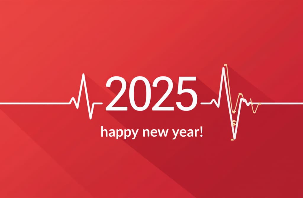  “2025”and an ecg (electrocardiogram) line with the text "happy new year!" on a red background, a flat design illustratio {prompt}, maximum details