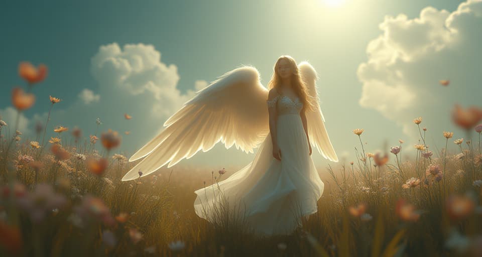  a serene angel, glowing softly in an ethereal meadow. nearby ethereal beings exchange uneasy glances, her presence a constant reminder of their inner voids.. the style is digital art illustration,highly detailed, whimsical,magical, dreamlike atmosphere, realism and fantasy blend, smooth, glossy textures,luminous quality, wonder and enchantment.