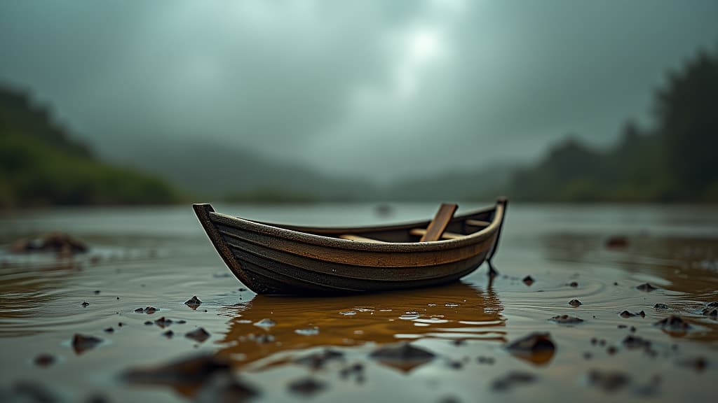  an abandoned toy boat in a muddy puddle with a swirling, stormy abstract background