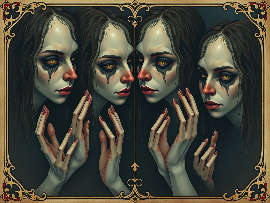  twisted reflections in multiple mirrors, fragmented and distorted, warping perception of reality, unsettling atmosphere, confusing, uneasy. an illustration in the style of a worn, mystical old tarot trump card, mysterious and elements of surrealism. the colors are muted, somber and eerie, but with contrast bring out an occult and esoteric vibe.