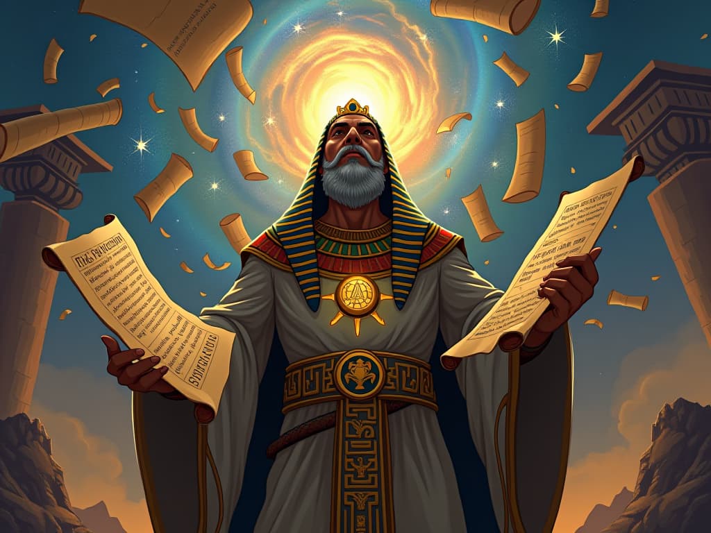  male sage surrounded by floating scrolls and glowing hieroglyphs, gazing at a swirling galaxy, aura of cosmic pattern recognition. the style is digital art illustration / modern comic book / mysterious occult, symbolic, esoteric vibe,high detail on character design, incorporating ancient egyptian symbology and attire.