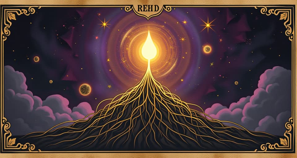  bright, glowing seed growing roots, cosmic background, images of determination and faith swirling around, colors of gold and deep purple, growth, divine potential. an illustration in the style of a worn, mystical old tarot trump card, mysterious and elements of surrealism. the colors are muted, somber and eerie, but with contrast bring out an occult and esoteric vibe.