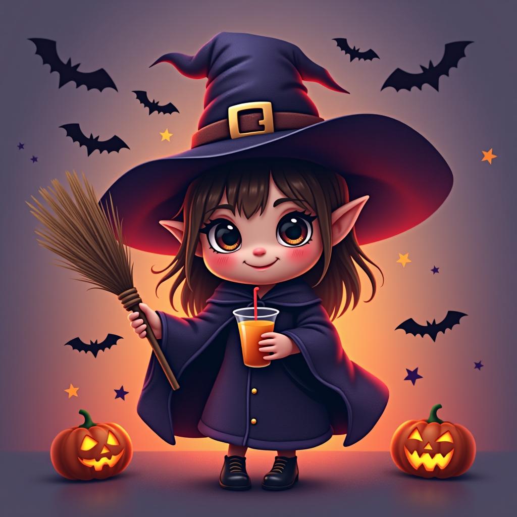  create a digital painting featuring a cute witch character. the witch should be wearing a hat. in one hand, the witch should hold a broomstick, and in the other hand, a halloween themed drink. the background should be colorful and include small black bats, pumpkins and stars to add a playful halloween touch. the overall style should be cute, whimsical, and colorful hyperrealistic, full body, detailed clothing, highly detailed, cinematic lighting, stunningly beautiful, intricate, sharp focus, f/1. 8, 85mm, (centered image composition), (professionally color graded), ((bright soft diffused light)), volumetric fog, trending on instagram, trending on tumblr, HDR 4K, 8K