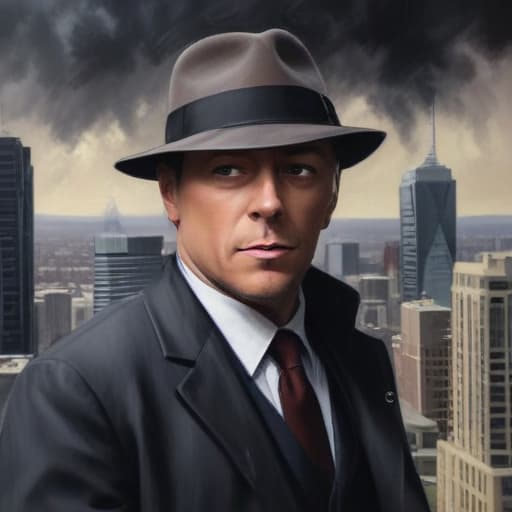 Reymond reddington in Oil painting style with City background