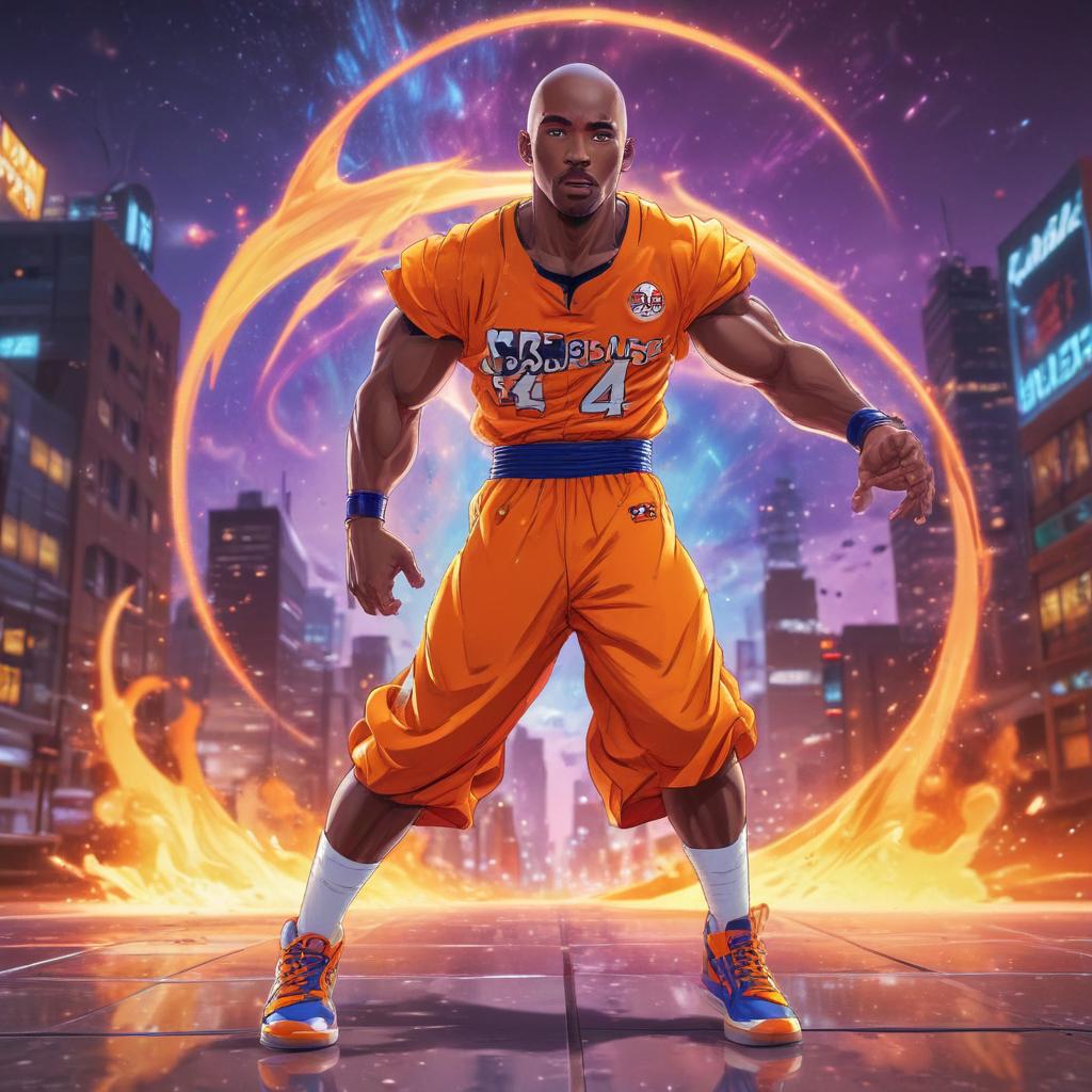 distance-shot, flashy, full-body, dynamic, holographic, animated cartoon poster of kobe scene in the style of dragon ball super