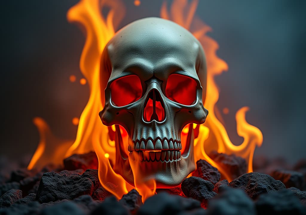  a skull is surrounded by fire and ash, creating a sense of danger