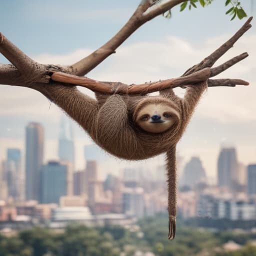 A sleepy sloth hanging from a fantastical, abstract tree branch. with City background