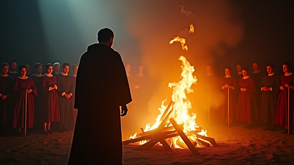  images about historical curiosities, an artistic portrayal of the burning of jacques de molay at the stake, with spectators witnessing his proclamation of a curse against his enemies. hyperrealistic, full body, detailed clothing, highly detailed, cinematic lighting, stunningly beautiful, intricate, sharp focus, f/1. 8, 85mm, (centered image composition), (professionally color graded), ((bright soft diffused light)), volumetric fog, trending on instagram, trending on tumblr, HDR 4K, 8K