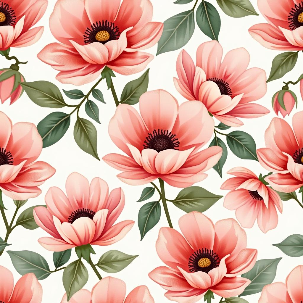  create a seamless digital design featuring a pattern of large, beautiful flowers with soft, watercolor like effects. the flowers should cover the entire surface, creating a bold, elegant, and continuous look. the overall style should be light and airy, with delicate leaves and petals to enhance the natural, floral theme. the design should be seamless to ensure it can be used in repeating patterns or wraps.