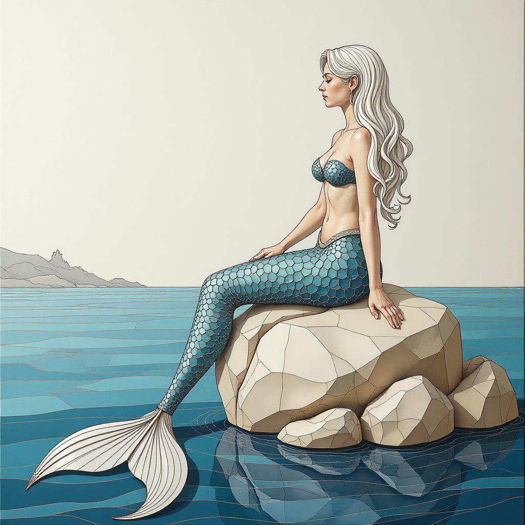  architectural style mosaic a mermaid with white hair and a long silver tail sits on a stone protruding from the water on the sea coast art deco . clean lines, geometric shapes, minimalist, modern, architectural drawing, highly detailed