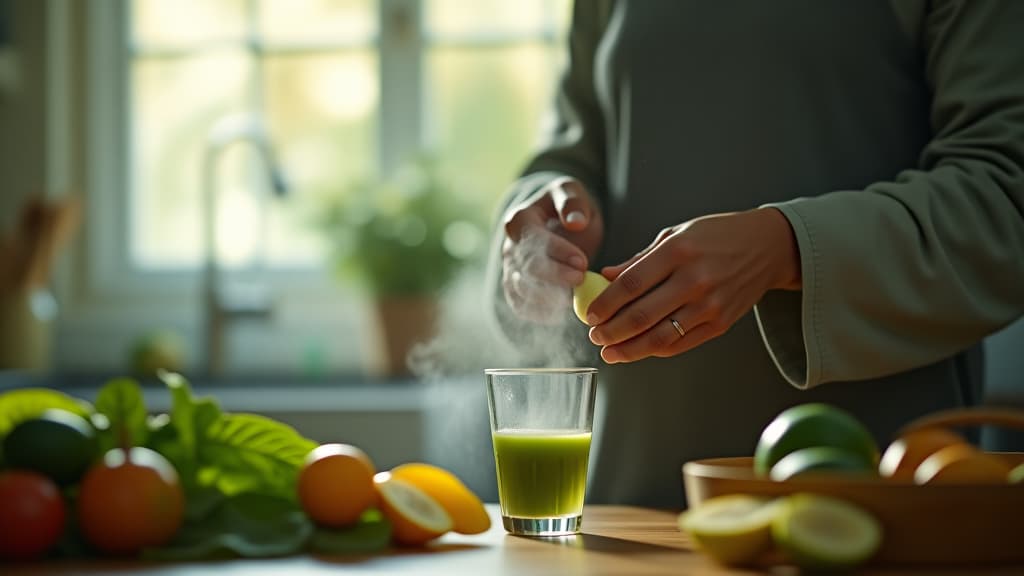  scenes about health and fitness, a serene kitchen scene where someone prepares a guava leaf infusion to alleviate stomach issues, surrounded by fresh ingredients. hyperrealistic, full body, detailed clothing, highly detailed, cinematic lighting, stunningly beautiful, intricate, sharp focus, f/1. 8, 85mm, (centered image composition), (professionally color graded), ((bright soft diffused light)), volumetric fog, trending on instagram, trending on tumblr, HDR 4K, 8K