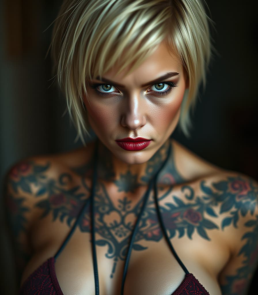  captivating gaze of a 40 woman, with tattoos all over her body. short blonde hair. big lips. angry