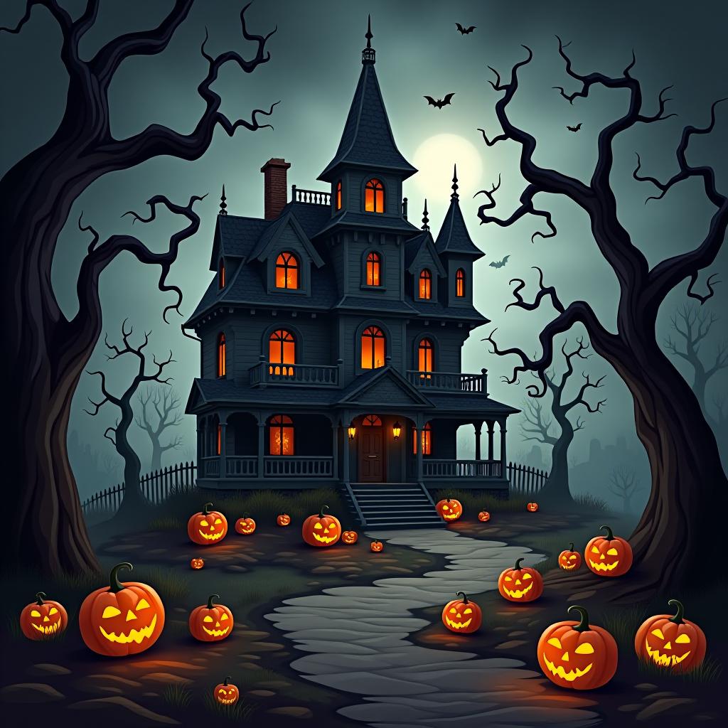  create a seamless digital painting of a spooky, halloween themed scene featuring a haunted house with gothic architecture. the house should be surrounded by twisted, gnarled trees and a multitude of jack o' lanterns. the scene should include a dark, cloudy sky to enhance the eerie atmosphere. the overall style should be detailed and atmospheric, capturing the essence of a haunted, creepy environment perfect for halloween, ensuring the design is seamless for use in repeating patterns or wraps.