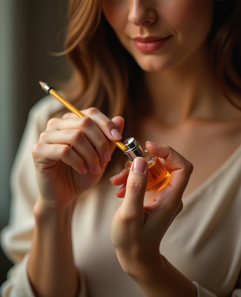  hdr photo of a woman applies a small amount of perfume to her wrist, hands, small pencil, application, close up . high dynamic range, vivid, rich details, clear shadows and highlights, realistic, intense, enhanced contrast, highly detailed