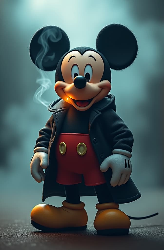  mickey mouse pandillero fumando hyperrealistic, full body, detailed clothing, highly detailed, cinematic lighting, stunningly beautiful, intricate, sharp focus, f/1. 8, 85mm, (centered image composition), (professionally color graded), ((bright soft diffused light)), volumetric fog, trending on instagram, trending on tumblr, HDR 4K, 8K