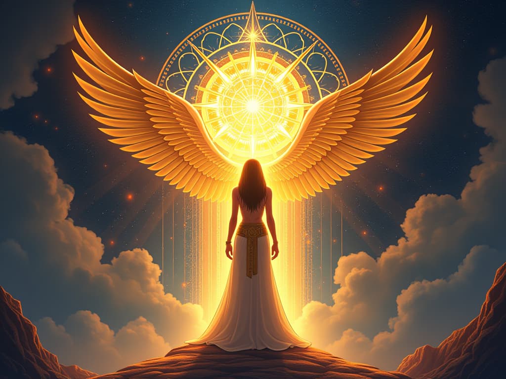  a radiant, otherworldly figure, standing before a celestial portal, energy radiating, symbolizing divine alignment. the style is digital art illustration / modern comic book / mysterious occult, symbolic, esoteric vibe,high detail on character design, incorporating ancient egyptian symbology and attire.